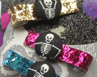 Skeleton GLitter Button Hair Clips-set of 2
