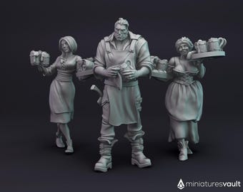 Tavern Workers / Inn Employees (Waitress, Bartender) - miniatures for Dungeons & Dragons 5E, RPG, wargames and board games