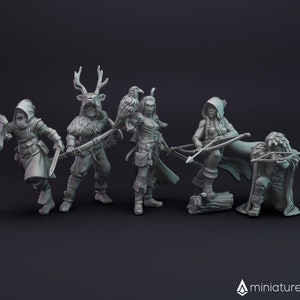 Può includere: Una collezione di cinque miniature fantasy grigie. Le figure includono un guerriero incappucciato con scudo e spada, una figura con corna e arco, una donna con un uccello, un arciere e una figura inginocchiata con una balestra.