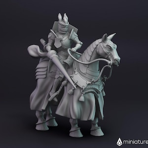 May include: A gray 3D printed miniature of a knight riding a horse. The knight is wearing armor and holding a spear. The horse is wearing a saddle and bridle.