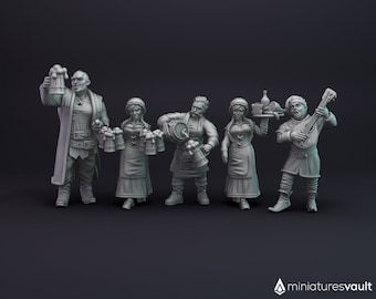 Inn Workers / Tavern Employees (Waitress, Bartender, Bard, Bouncer) - miniatures for Dungeons & Dragons 5E, RPG, wargames and board games