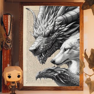 Dragon and White Wolf Art Print / Fantasy Wall Art / Dragon Print Decoration / Wolf Décor/ Fire and Ice Art Print