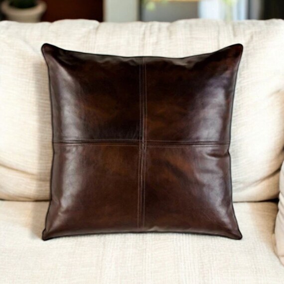 Handmade Dark Brown Genuine Lambskin Leather Pillow Sofa Cushion  Boho Brown Pillow Square Leather Pillow