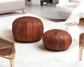Puf marroquí redondo de cuero / Reposapiés artesanal / Otomana / Cojín de suelo / Diseño bereber cosido a mano / Pufs con reposapiés / Ideas para regalos