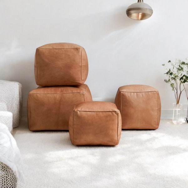 Genuine Moroccan Leather Large Pouf-Tan - Nirvana