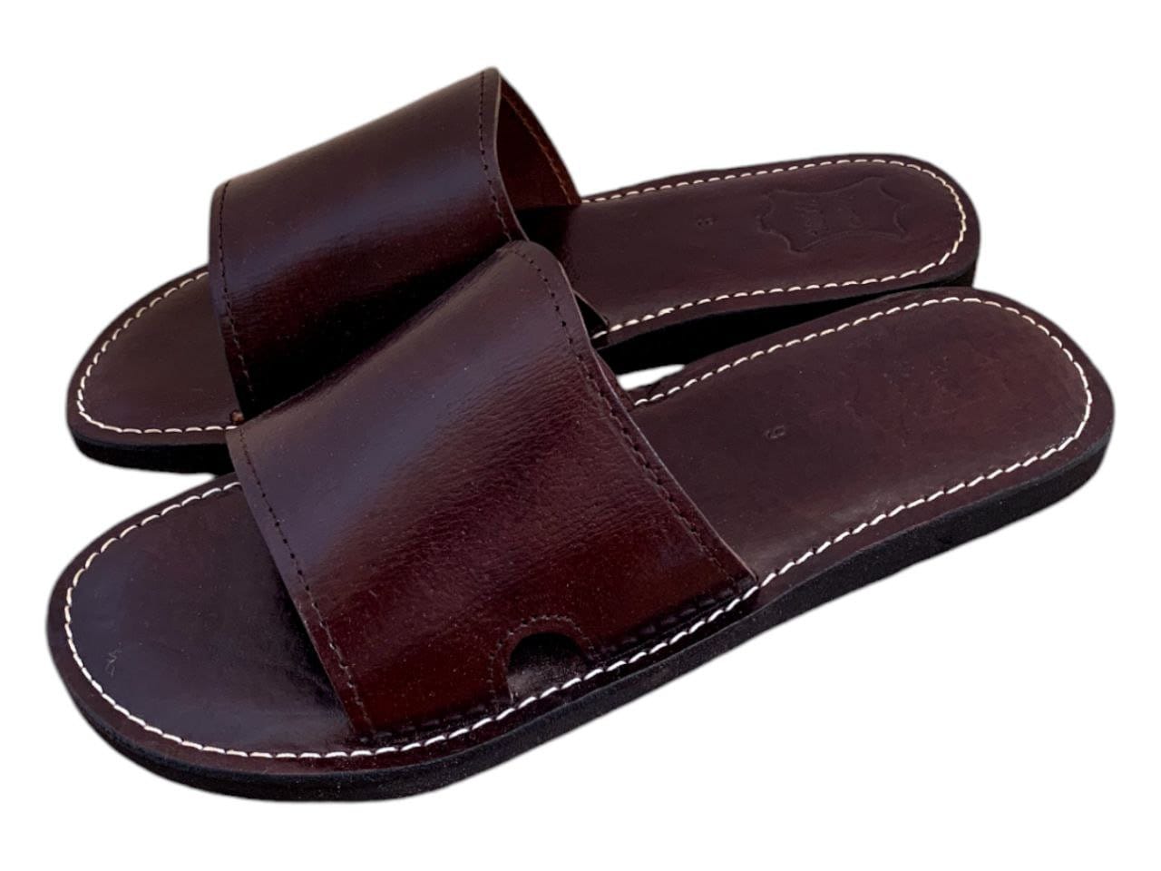 Handmade Brown Genuine Leather Slides Sandals for Men, Cozy Open