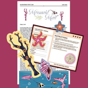 Puede incluir: Un set de papelería titulado Mermaid Mail que incluye un boletín, una tarjeta de receta para una bebida, una rama de coral troquelada, una concha marina y una tarjeta con una sirena nadando junto a peces tropicales en agua azul.