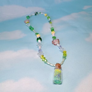 Tinkerbell Fairy Inspired Beaded Charm Necklace - handmade beaded jewelry, y2k, fairycore, pixie dust, flowers, fairytale