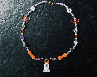 Collana di perline ispirata al fantasma di Minnie Mouse - gioielli alla moda, spettrali e carini, collana spaiata, Halloween, festività