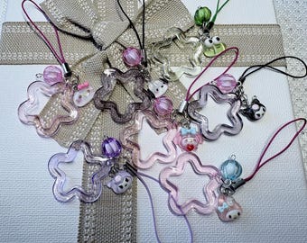 Mini Sanrio character charms straps with Star beads for cell phones, ear buds cases, keys and purses.