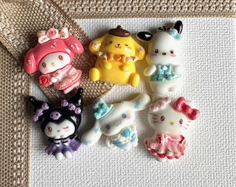 Sanrio Characters Jibitzs for crocs; Hello Kitty, Kuromi, Pompompurin, My Melody, Pochaccco, and Cinnamoroll.