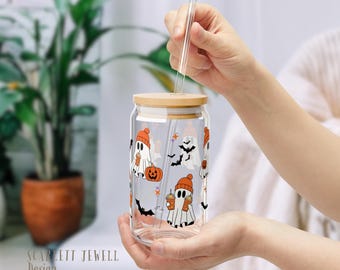 Verre à café Hipster Ghost | Verre à café d'automne | Tasse en verre d'automne | Verre à café glacé effrayant | Coupe d'automne Cottagecore|  Tasse en verre fantôme