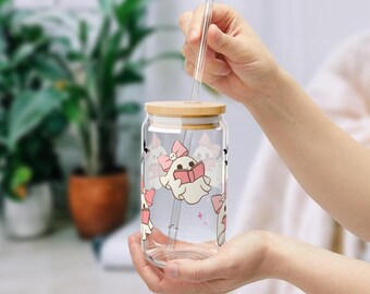 Verre à café fantôme pour lecture mignonne | Verre à café d'automne | Tasse en verre d'automne | Verre à café glacé effrayant | Coupe d'automne Cottagecore|  Tasse en verre fantôme