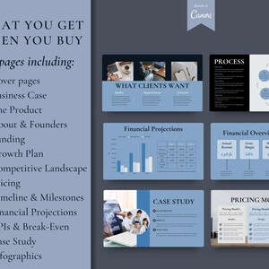 May include: A digital presentation template with a blue and white color scheme. The presentation includes slides on various topics, such as cover pages, business cases, financial projections, and pricing models. Text includes "What You Get When You Buy" and "Made in Canva."