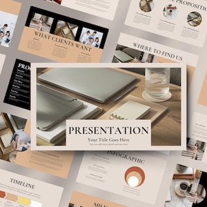 Könnte beinhalten: Eine Präsentationsvorlage mit beigefarbenem Hintergrund und schwarzem Text. Die Vorlage enthält Folien für eine Zeitleiste, Strategie, Kundenwünsche, ein Produktangebot, wo Sie uns finden, über uns, das Produkt, Inhalte und eine Infografik. Die Vorlage enthält auch eine Folie mit einem Foto eines Holztisches mit Laptops, einem Notizbuch und einem Glas Wasser.