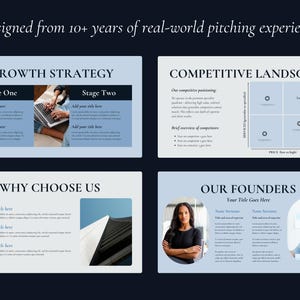 May include: A digital presentation with a dark blue background. The presentation includes slides on growth strategy, competitive landscape, and why to choose the company. The text "Designed from 10+ years of real-world pitching experience" is at the top.