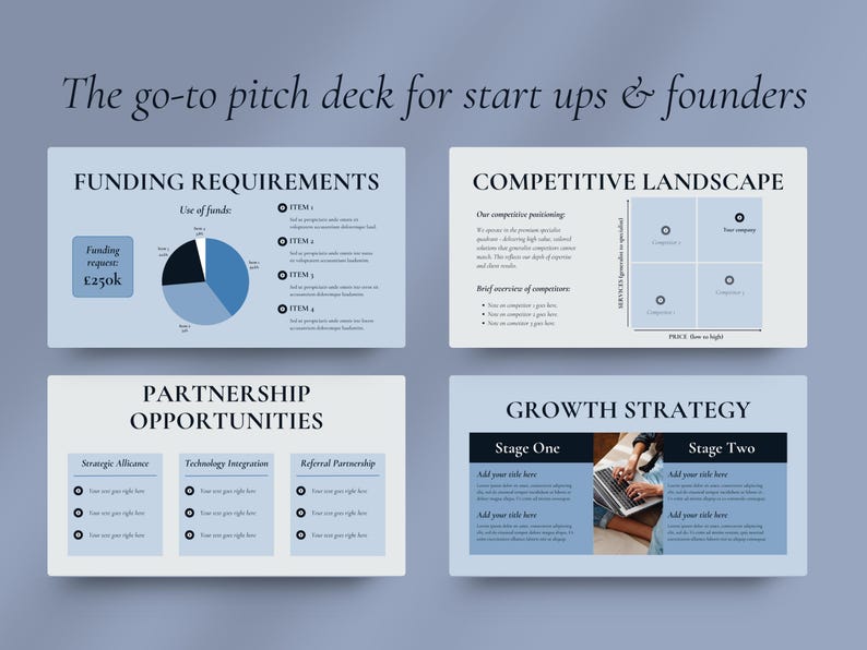 May include: A presentation deck with the text "The go-to pitch deck for start ups & founders." The deck includes slides on funding requirements, competitive landscape, partnership opportunities, and growth strategy. The color scheme is blue and white.