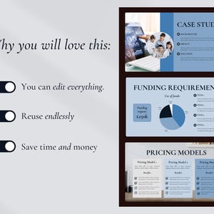 May include: A presentation layout with a dark brown border, featuring sections on case studies, funding requirements, and pricing models. The text includes "Why you will love this:" and "You can edit everything."
