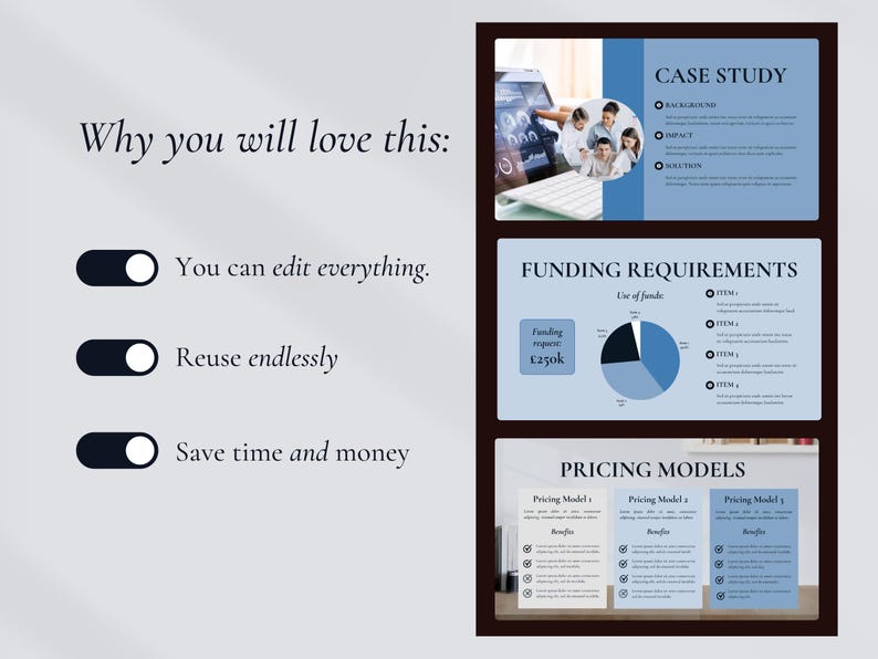 May include: A presentation layout with a dark brown border, featuring sections on case studies, funding requirements, and pricing models. The text includes "Why you will love this:" and "You can edit everything."