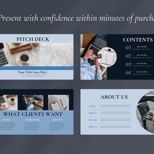 May include: A digital presentation template with a dark blue background. The template includes slides with text such as "PITCH DECK", "CONTENTS", "WHAT CLIENTS WANT", and "ABOUT US". The slides feature images of laptops, coffee cups, and office settings.