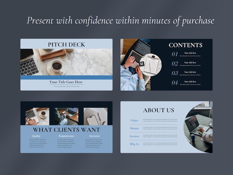 May include: A digital presentation template with a dark blue background. The template includes slides with text such as "PITCH DECK", "CONTENTS", "WHAT CLIENTS WANT", and "ABOUT US". The slides feature images of laptops, coffee cups, and office settings.