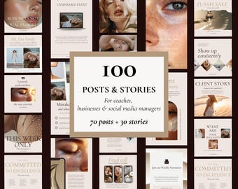 100 Luxury Neutral Instagram Post and Story Templates, Social Media Kit for Businesses and Coaches