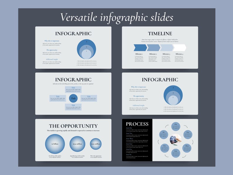May include: A digital graphic with the text "Versatile infographic slides" at the top. The image is a collection of infographic slides with blue and white elements, including timelines, circular diagrams, and text boxes. The background is a muted blue.