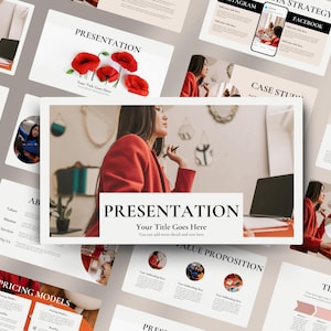 May include: A presentation template with a woman in a red blazer sitting in front of a laptop. The template includes slides with titles such as "Presentation", "Value Proposition", "Pricing Models", "Timeline", and "Funding Requirements".