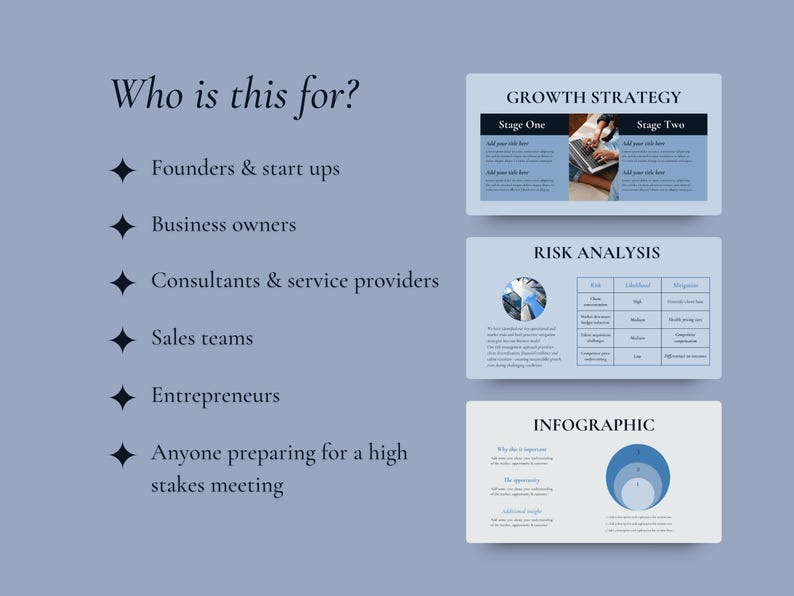 May include: A light blue presentation slide with the text "Who is this for?" and a list of target audiences, including founders, business owners, and entrepreneurs. The slide also includes sections on growth strategy, risk analysis, and infographics.