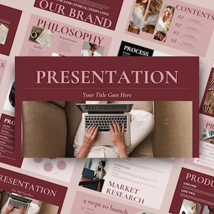 May include: A presentation design template with a burgundy and light pink color scheme. The central image shows a person using a laptop. Other slides include text like "Our Brand", "Philosophy", and "Market Research".
