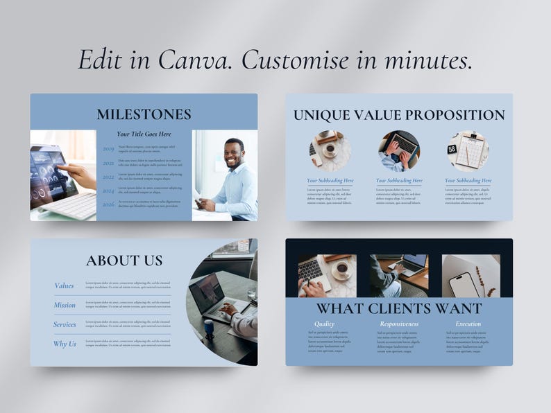 May include: A digital presentation template with a light blue and navy blue color scheme. The template includes sections for milestones, unique value propositions, about us, and what clients want. Text on the template reads "Edit in Canva. Customize in minutes."