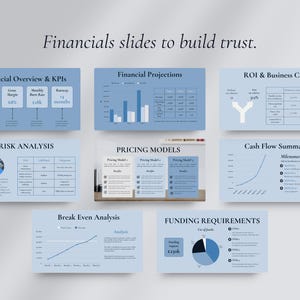 May include: A collection of light blue business presentation slides with financial data, charts, and graphs. The slides include titles such as "Financial Overview & KPIs", "Financial Projections", and "Risk Analysis". The text "Financials slides to build trust" is at the top.