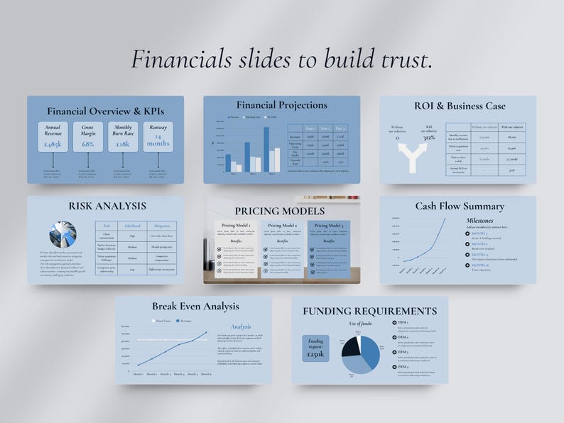 May include: A collection of light blue business presentation slides with financial data, charts, and graphs. The slides include titles such as "Financial Overview & KPIs", "Financial Projections", and "Risk Analysis". The text "Financials slides to build trust" is at the top.