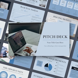 May include: A light blue and white business presentation with the title "PITCH DECK" in large, bold text. The presentation includes charts, graphs, and text boxes with financial and business-related information. A laptop is open in the center of the image.