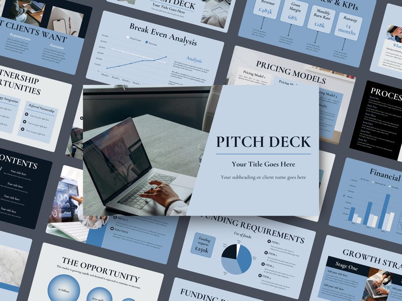 May include: A light blue and white business presentation with the title "PITCH DECK" in large, bold text. The presentation includes charts, graphs, and text boxes with financial and business-related information. A laptop is open in the center of the image.