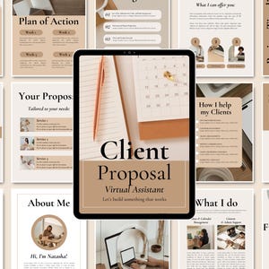 May include: A digital tablet displaying a Client Proposal Virtual Assistant document with a beige and brown color scheme, featuring a calendar, a pen, and text that reads Client Proposal Virtual Assistant Let's build something that works.
