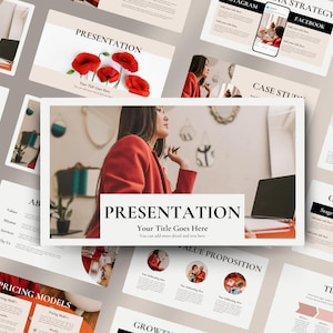 May include: A digital presentation template set featuring a clean layout with beige and white backgrounds, black serif typography, and red poppy flower accents. The slides include sections for strategy, case studies, and pricing models with placeholder text.