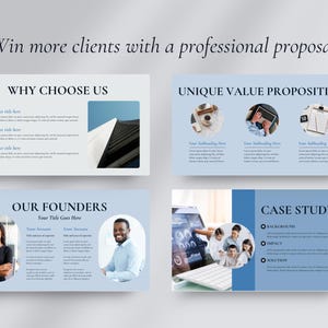 May include: A professional proposal design with the text "Win more clients with a professional proposal." The design includes four sections: "Why Choose Us," "Unique Value Proposition," "Our Founders," and "Case Study."