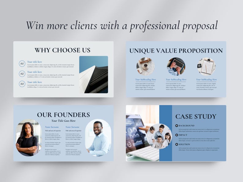 May include: A professional proposal design with the text "Win more clients with a professional proposal." The design includes four sections: "Why Choose Us," "Unique Value Proposition," "Our Founders," and "Case Study."