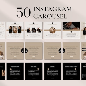 Peut inclure: Une collection de 50 modèles de carrousel Instagram présentant une palette de couleurs neutres beige, noir et blanc. Les designs incluent diverses mises en page avec du texte fictif, des étapes numérotées et des cadres pour images.
