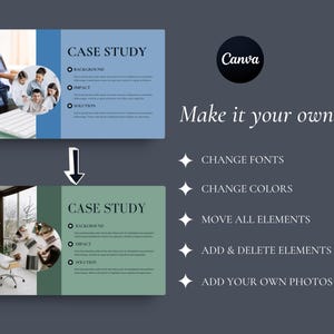 May include: A digital graphic with the text "CASE STUDY" and bullet points for background, impact, and solution. The image includes the Canva logo and the text "Make it your own" with options to change fonts, colors, and elements.