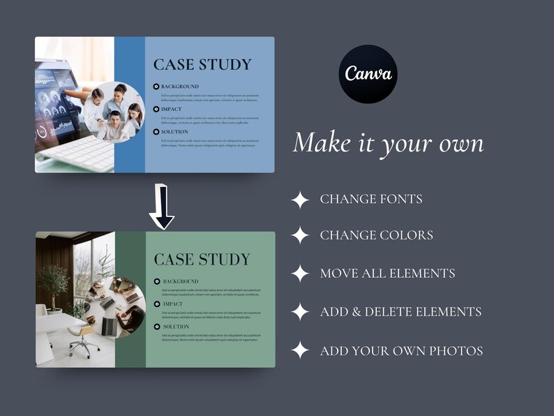 May include: A digital graphic with the text "CASE STUDY" and bullet points for background, impact, and solution. The image includes the Canva logo and the text "Make it your own" with options to change fonts, colors, and elements.