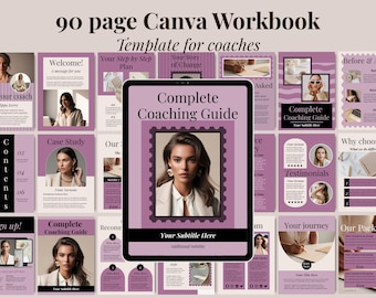 Może przedstawiać: 90-stronicowy szablon Canva Workbook dla coachów. Projekt zawiera kompletny przewodnik coachingowy z portretem kobiety, otoczony fioletowymi i białymi stronami z tekstem i obrazami. Workbook zawiera sekcje takie jak "Witamy!" i "Studium przypadku."