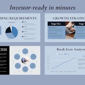 May include: A business presentation with the text "Investor-ready in minutes." The presentation includes sections on funding requirements, growth strategy, process, and break-even analysis. The funding request is for &pound;250k.