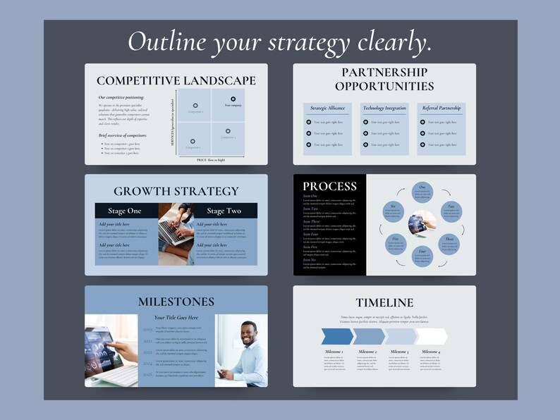 May include: A business presentation with a blue and white color scheme. The presentation includes slides on competitive landscape, partnership opportunities, growth strategy, process, milestones, and timeline. The text "Outline your strategy clearly" is at the top.