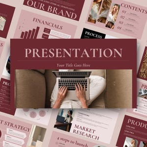 May include: A digital presentation template set featuring a deep burgundy and soft pink colour palette. The layout includes various slides with headers like Our Brand, Financials, Process, Contents, Exit Strategy, and Market Research with text.
