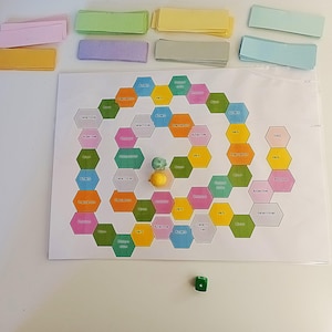 Könnte beinhalten: Ein farbenfrohes Spielbrett mit sechseckigen Feldern, die mit verschiedenen Wortarten beschriftet sind, wie z. B. Nomen, Verb, Adjektiv und Pronomen. Zwei Spielfiguren befinden sich auf dem Brett, eine gelbe und eine grüne.