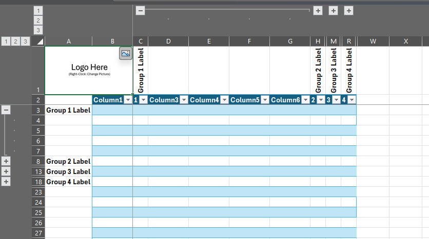 Excel With Column and Row Groups (excel Template) - Etsy