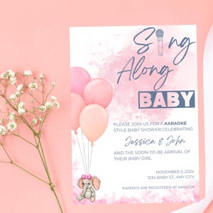 Invitaciones de karaoke para baby shower de niña - Invitaciones personalizables para baby shower - Tarjetas de invitación divertidas y únicas para baby shower - Imprimibles