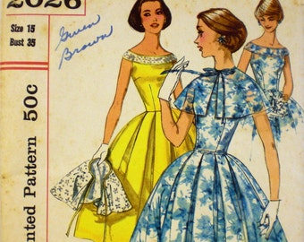 Vintage 1950s Bateau Neck Dress Pattern Simplicity 2026 Bust 34 35 Capelet Pattern